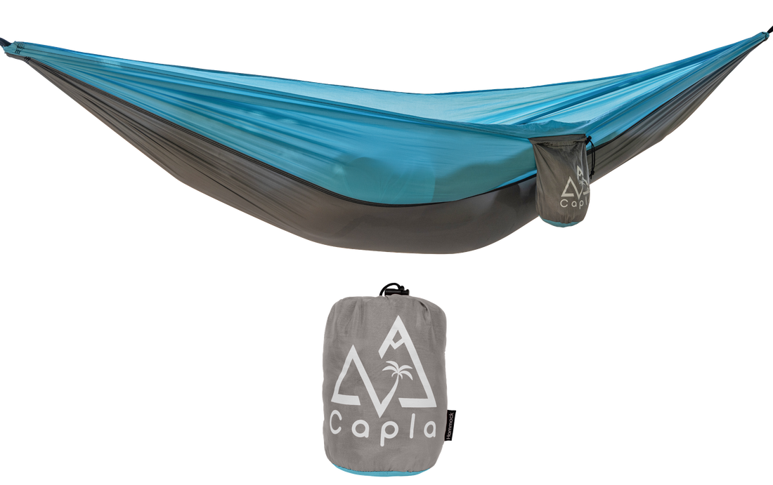 Capla Hammock 2.0 Gray & Light Blue with a stylish two-color design, compact and lightweight, perfect for outdoor activities.