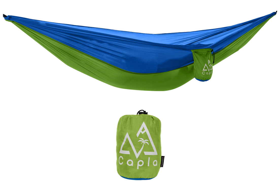 Capla Hammock 2.0 Green & Blue with a modern two-color design, lightweight, and compact, ideal for outdoor enthusiasts.