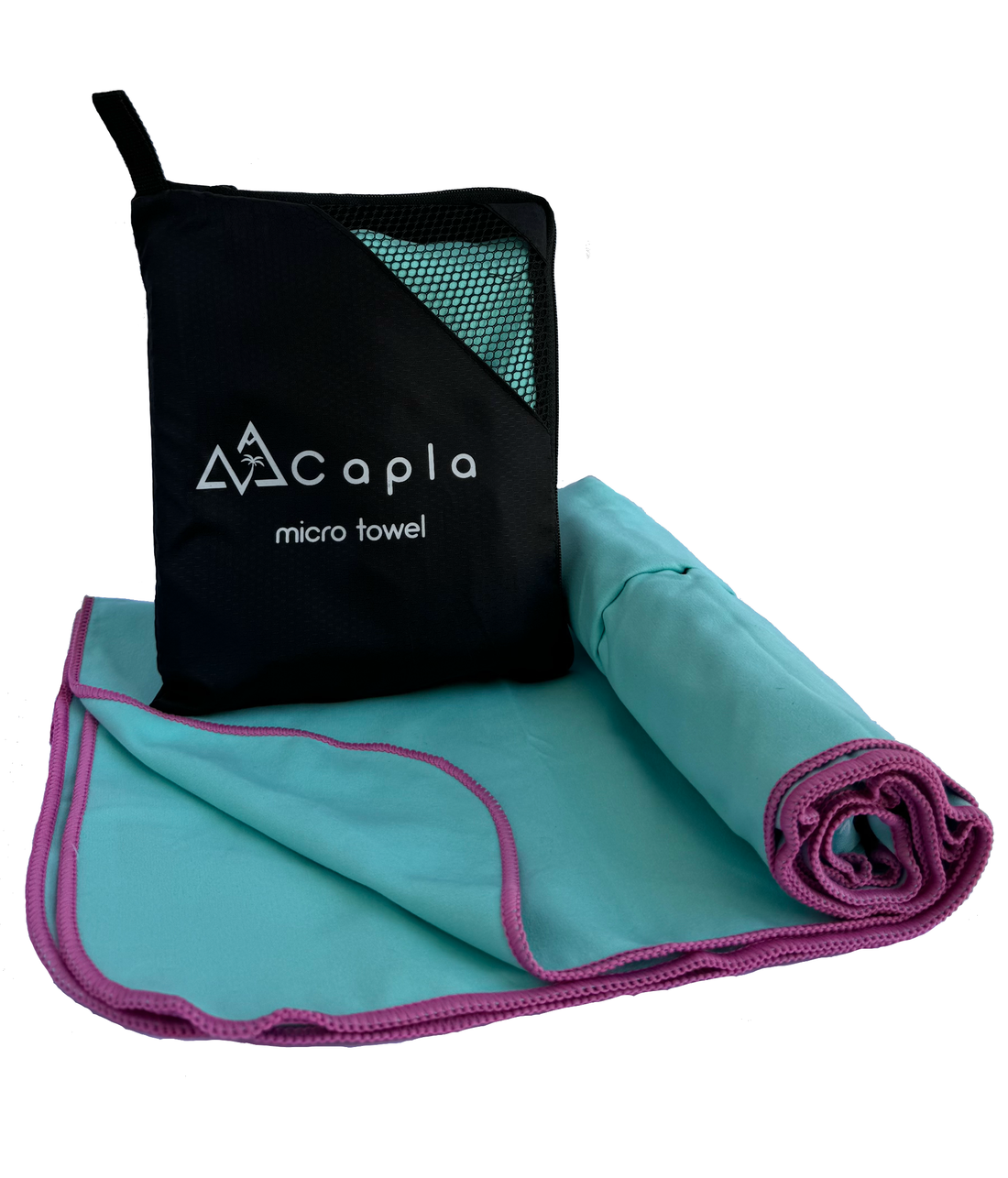 Aqua-colored premium microfiber towel with purple edging, lightweight and compact, ideal for outdoor adventures, sports, and travel. Includes a black carry pouch.