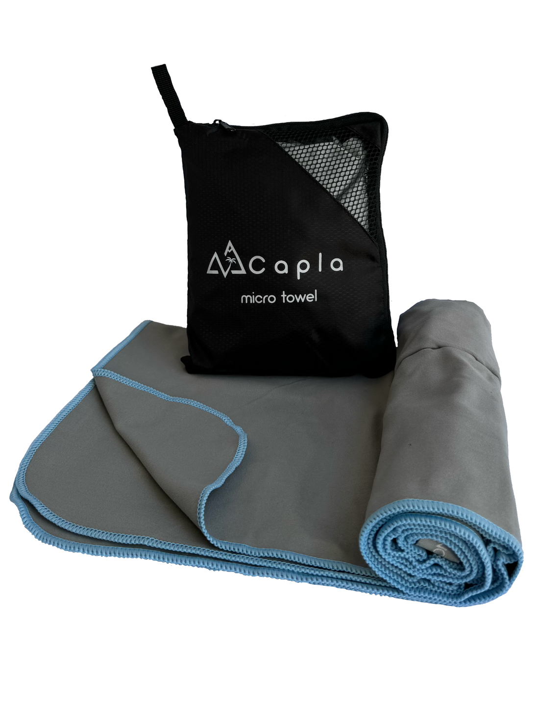 ray premium microfiber towel with light blue edging, lightweight and fast-drying, ideal for travel, outdoor adventures, and sports. Includes a black carry pouch.