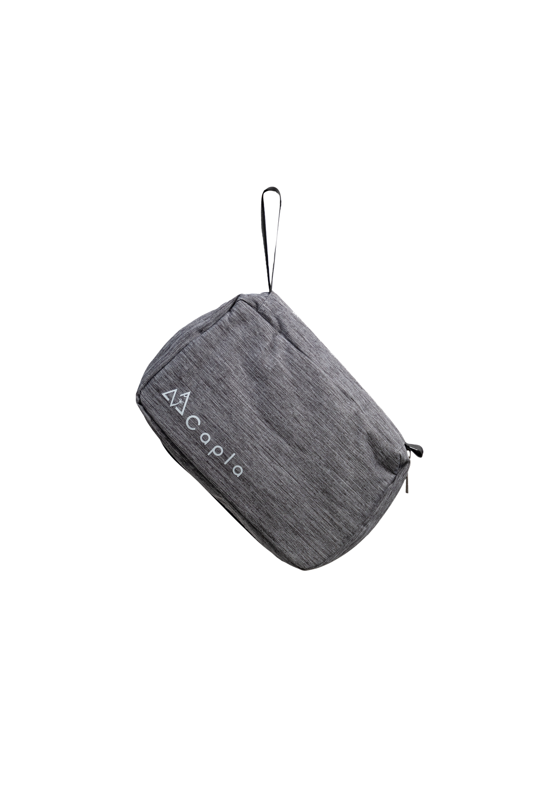 Grey travel toiletry bag made from durable 300D polyester with a sleek design, perfect for organizing toiletries during travel, camping, or hiking.