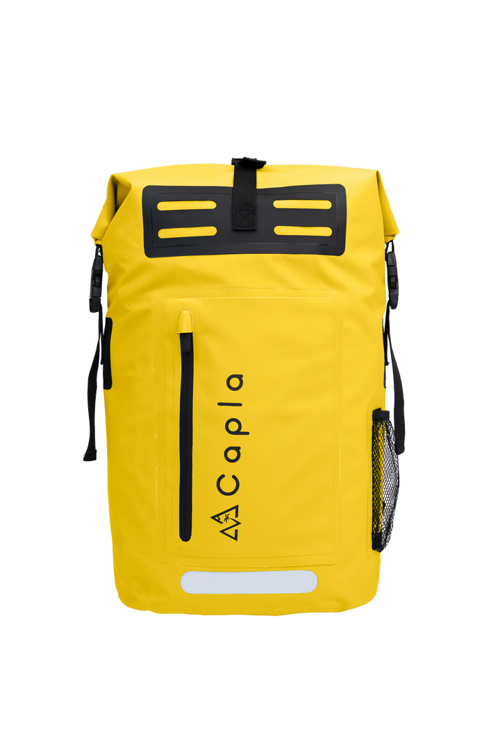 Yellow Waterproof Dry Bag Backpack with roll-top closure, ergonomic design, and waterproof protection for your gear.